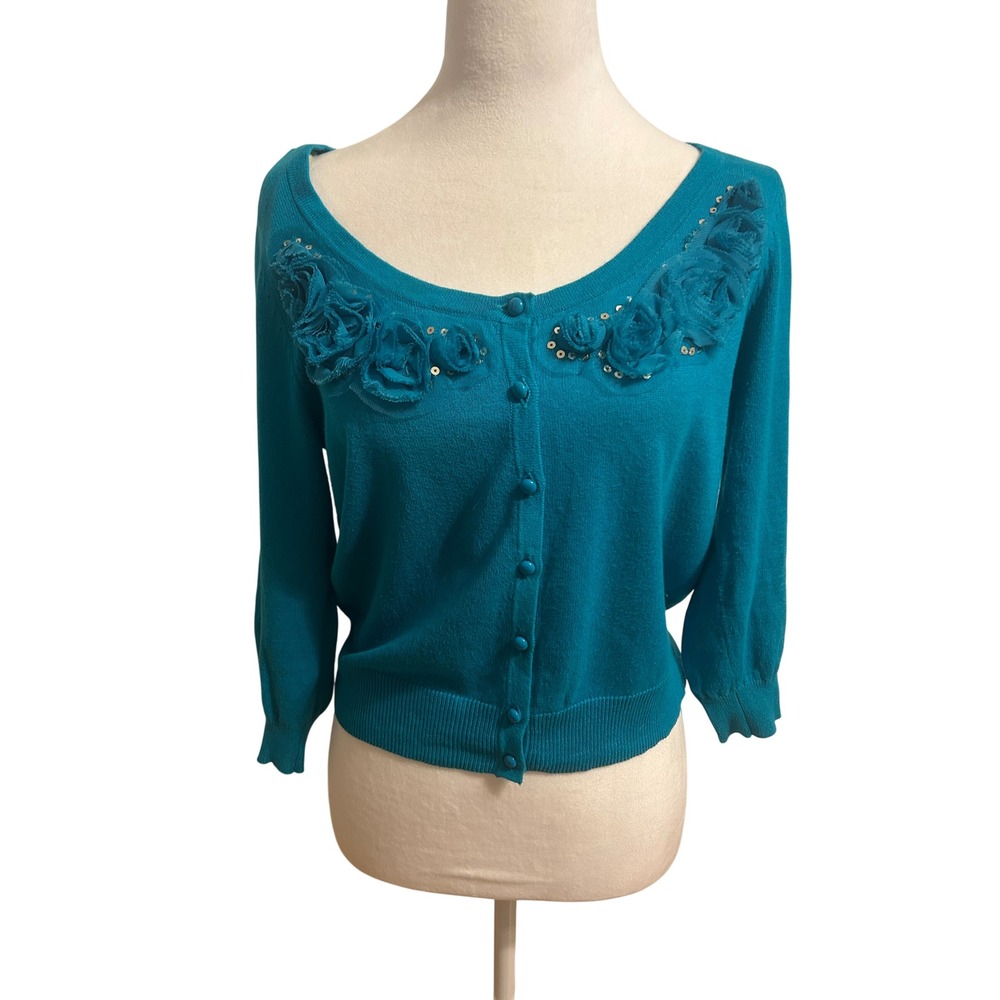 Y2K vintage teal cropped embellished rosette cardigan sexy siren Phoebe Gilmore